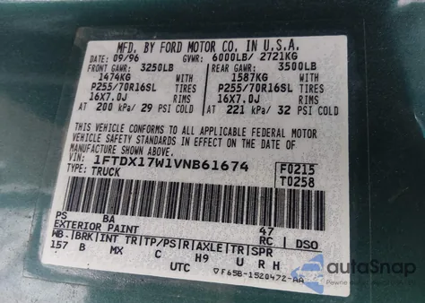 1997 Ford F-150 Lariat/Standard/Xl/Xlt from USA, damaged, VIN 1FTDX17W1VNB61674